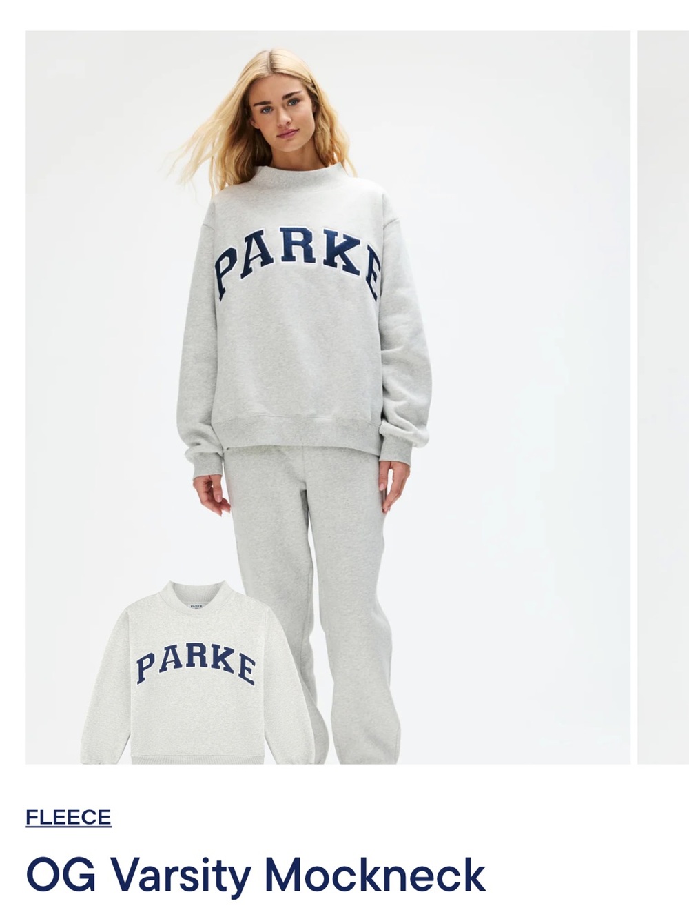 Parker Light Gray Mockneck Sweatshirt with Navy Varsity Lettering